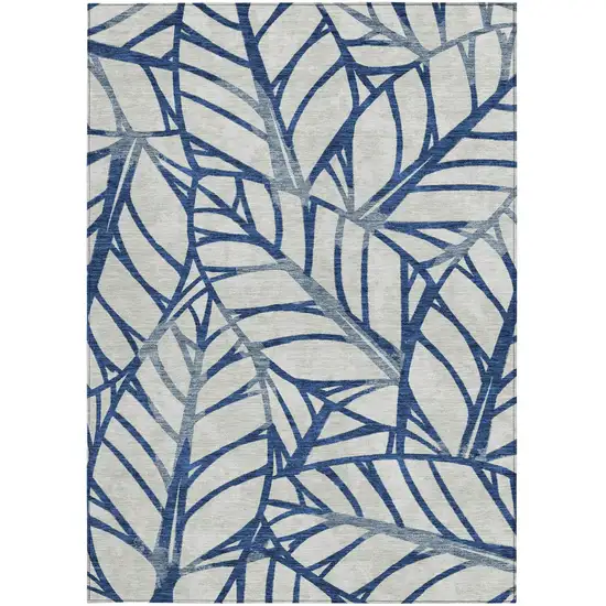 Navy Blue And Beige Floral Washable Indoor Outdoor Area Rug Photo 6
