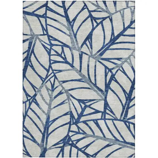 Navy Blue And Beige Floral Washable Indoor Outdoor Area Rug Photo 6