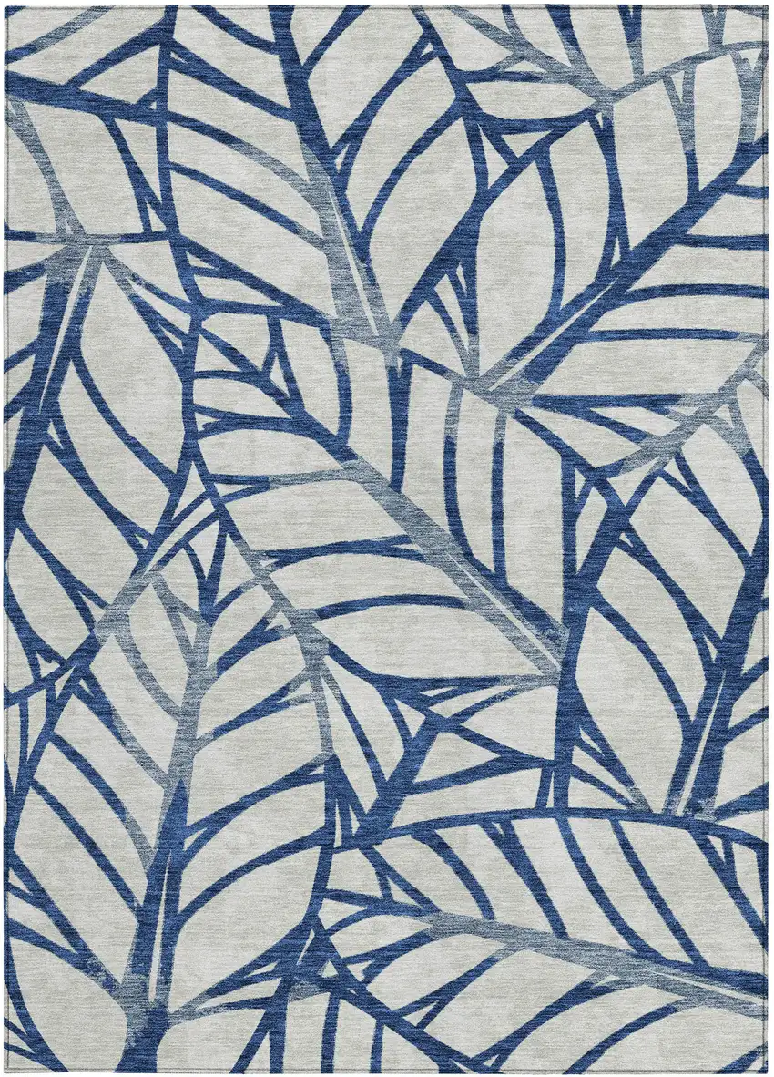 Navy Blue And Beige Floral Washable Indoor Outdoor Area Rug Photo 6