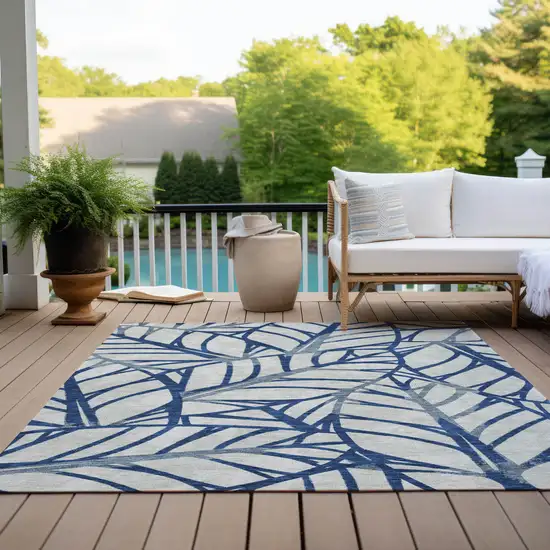 Navy Blue And Beige Floral Washable Indoor Outdoor Area Rug Photo 9