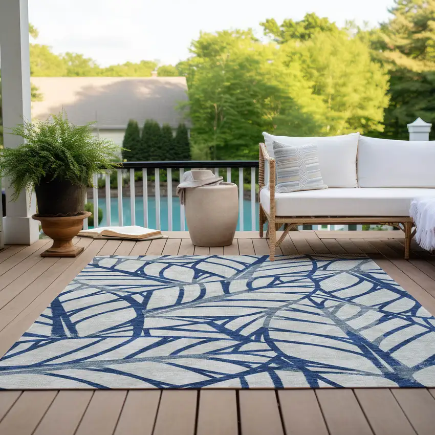Navy Blue And Beige Floral Washable Indoor Outdoor Area Rug Photo 9