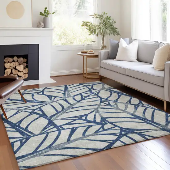 Navy Blue And Beige Floral Washable Indoor Outdoor Area Rug Photo 7