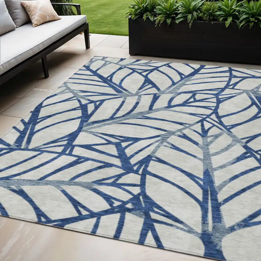 Navy Blue And Beige Floral Washable Indoor Outdoor Area Rug Photo 1