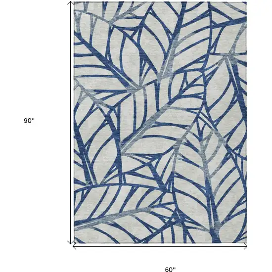 Navy Blue And Beige Floral Washable Indoor Outdoor Area Rug Photo 3
