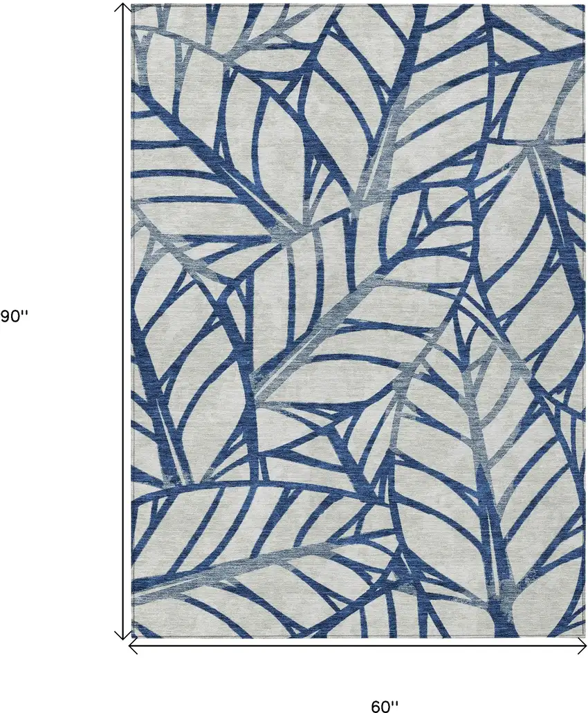 Navy Blue And Beige Floral Washable Indoor Outdoor Area Rug Photo 3