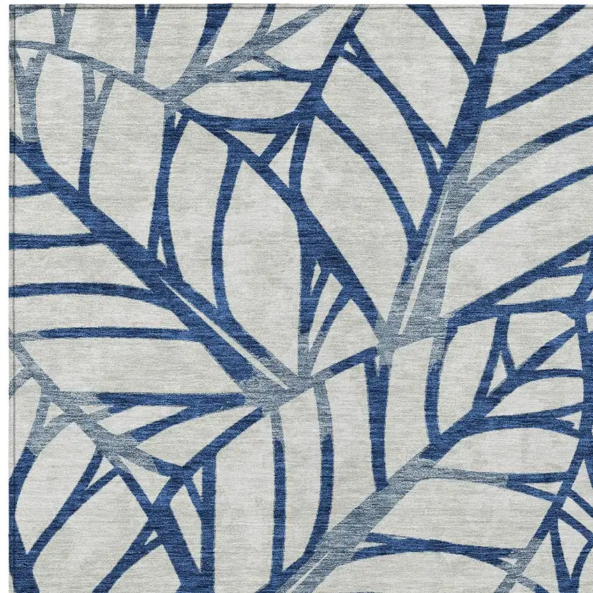 Navy Blue And Beige Floral Washable Indoor Outdoor Area Rug Photo 4