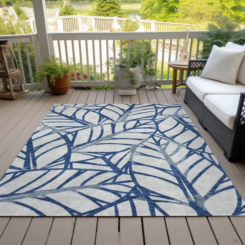 Navy Blue And Beige Floral Washable Indoor Outdoor Area Rug Photo 7