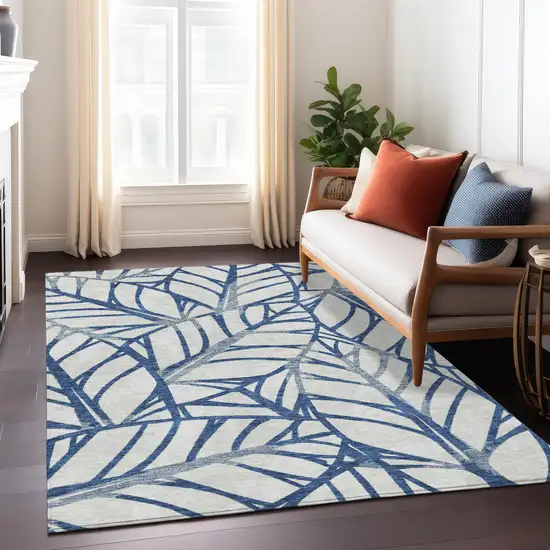 Navy Blue And Beige Floral Washable Indoor Outdoor Area Rug Photo 8
