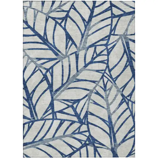 Navy Blue And Beige Floral Washable Indoor Outdoor Area Rug Photo 1