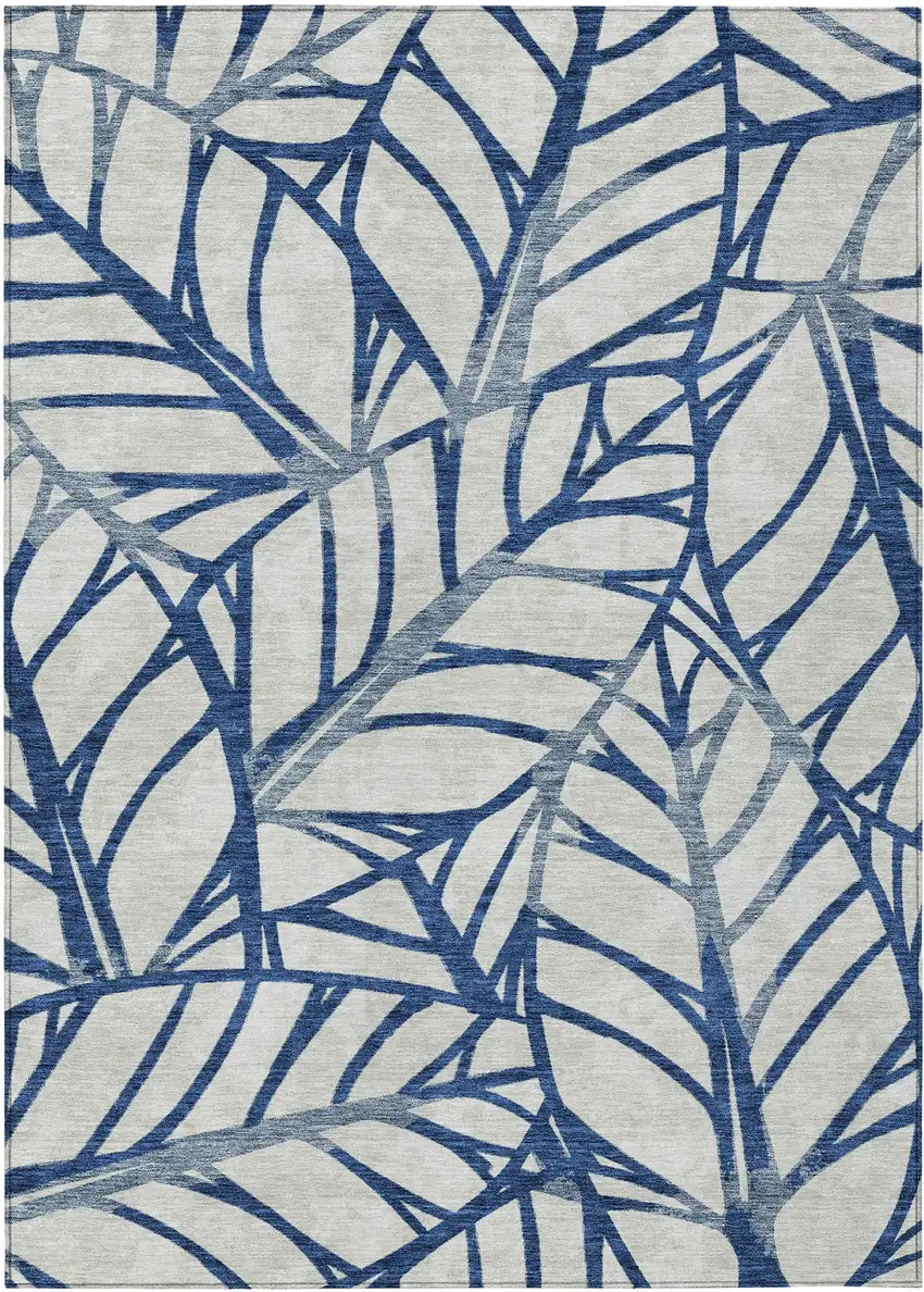 Navy Blue And Beige Floral Washable Indoor Outdoor Area Rug Photo 1