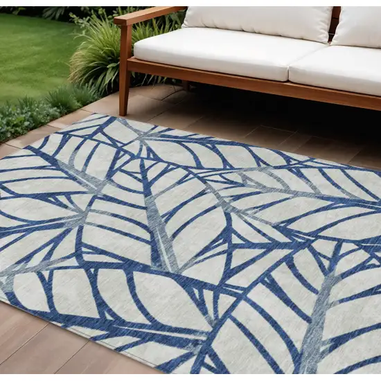 Navy Blue And Beige Floral Washable Indoor Outdoor Area Rug Photo 1