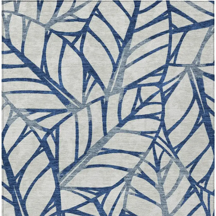 Navy Blue And Beige Floral Washable Indoor Outdoor Area Rug Photo 5