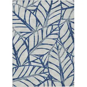 Photo of Navy Blue And Beige Floral Washable Indoor Outdoor Area Rug