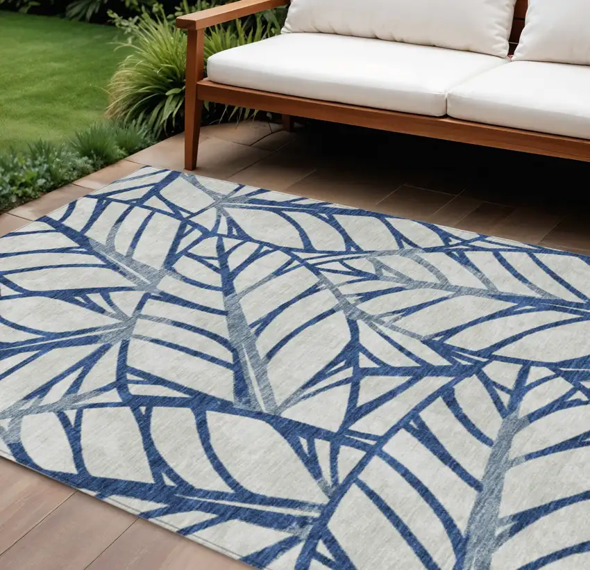 Navy Blue And Beige Floral Washable Indoor Outdoor Area Rug Photo 1