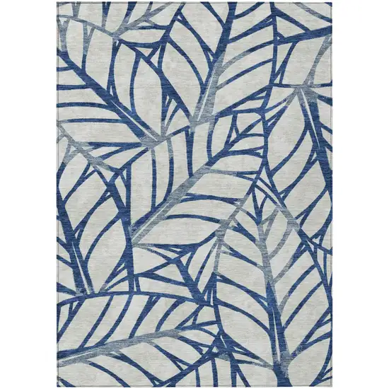 Navy Blue And Beige Floral Washable Indoor Outdoor Area Rug Photo 2