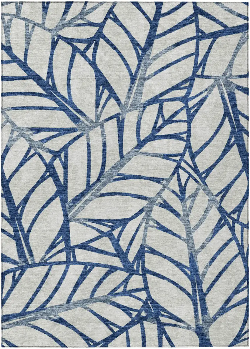 Navy Blue And Beige Floral Washable Indoor Outdoor Area Rug Photo 2