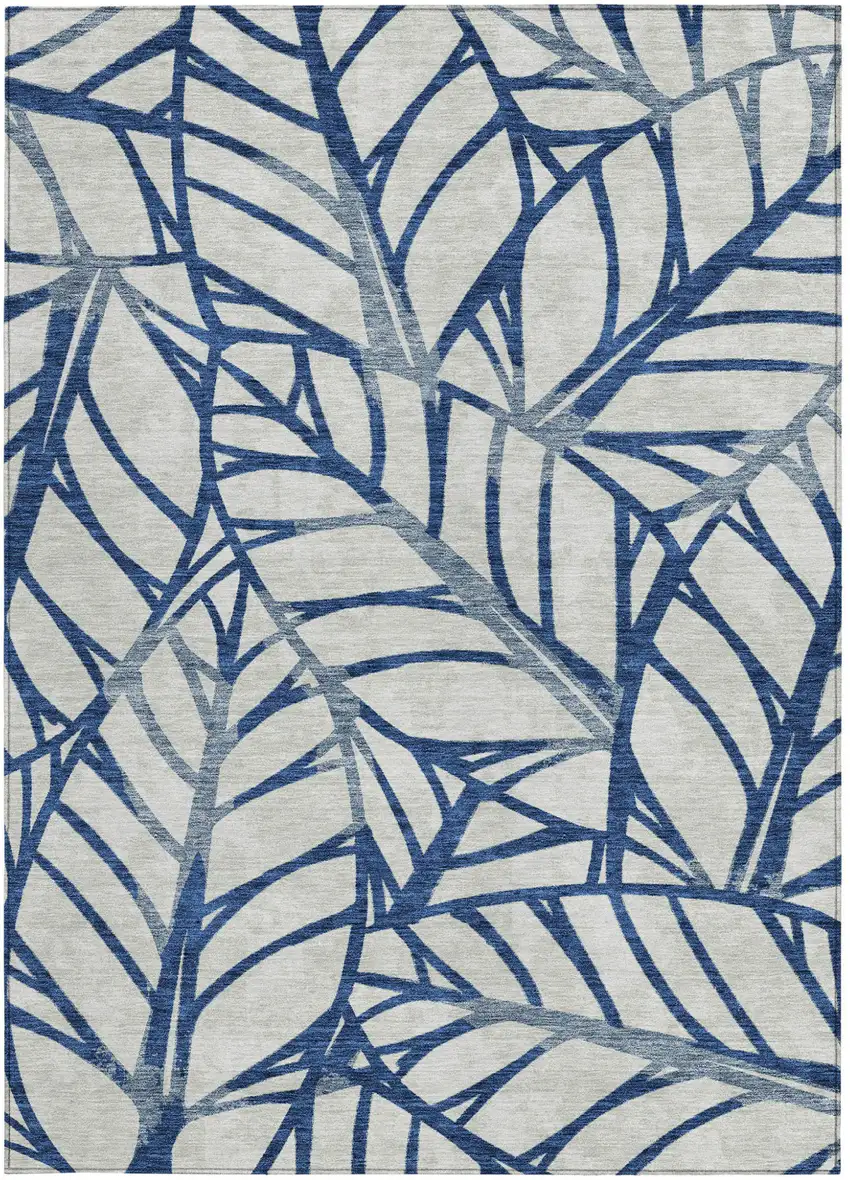 Navy Blue And Beige Floral Washable Indoor Outdoor Area Rug Photo 5