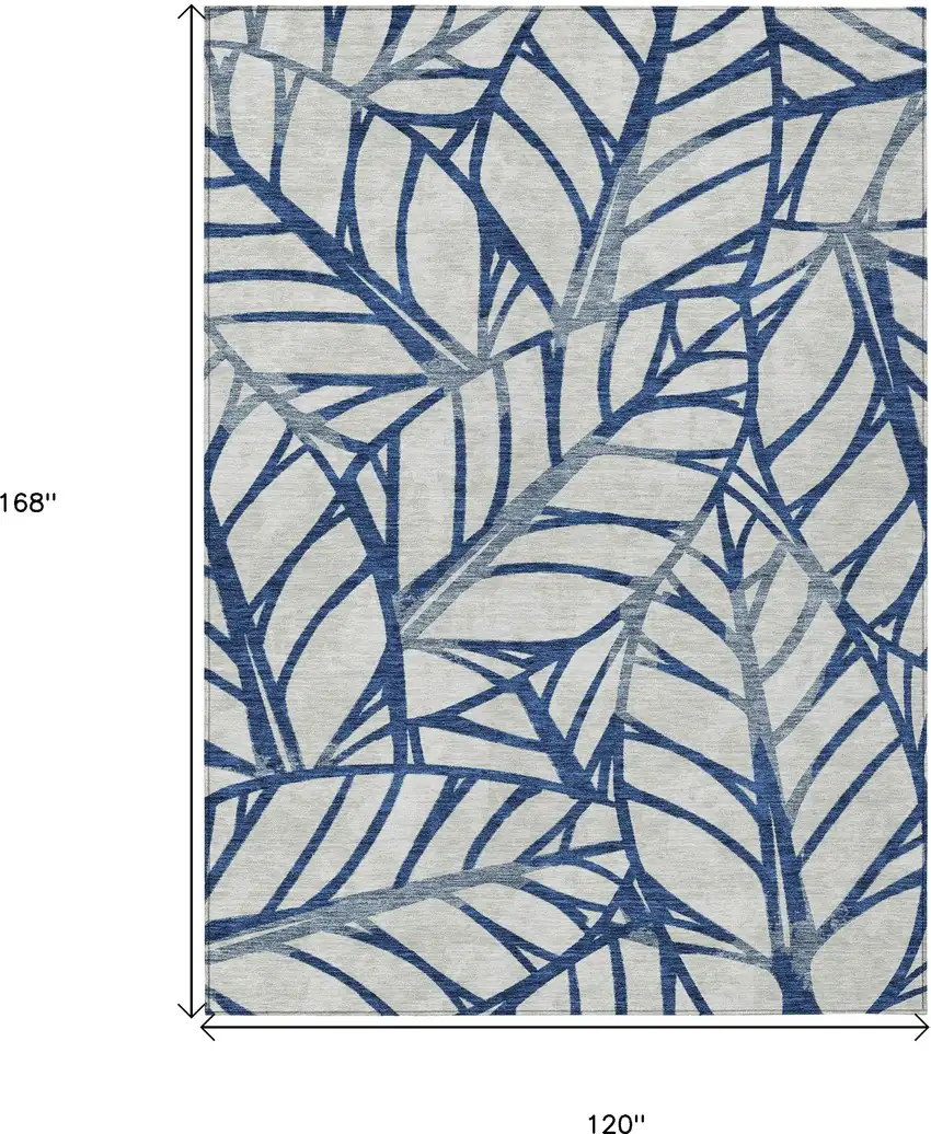 Navy Blue And Beige Floral Washable Indoor Outdoor Area Rug Photo 3