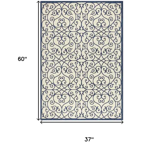 Navy Blue And Beige Geometric Indoor Outdoor Area Rug Photo 5