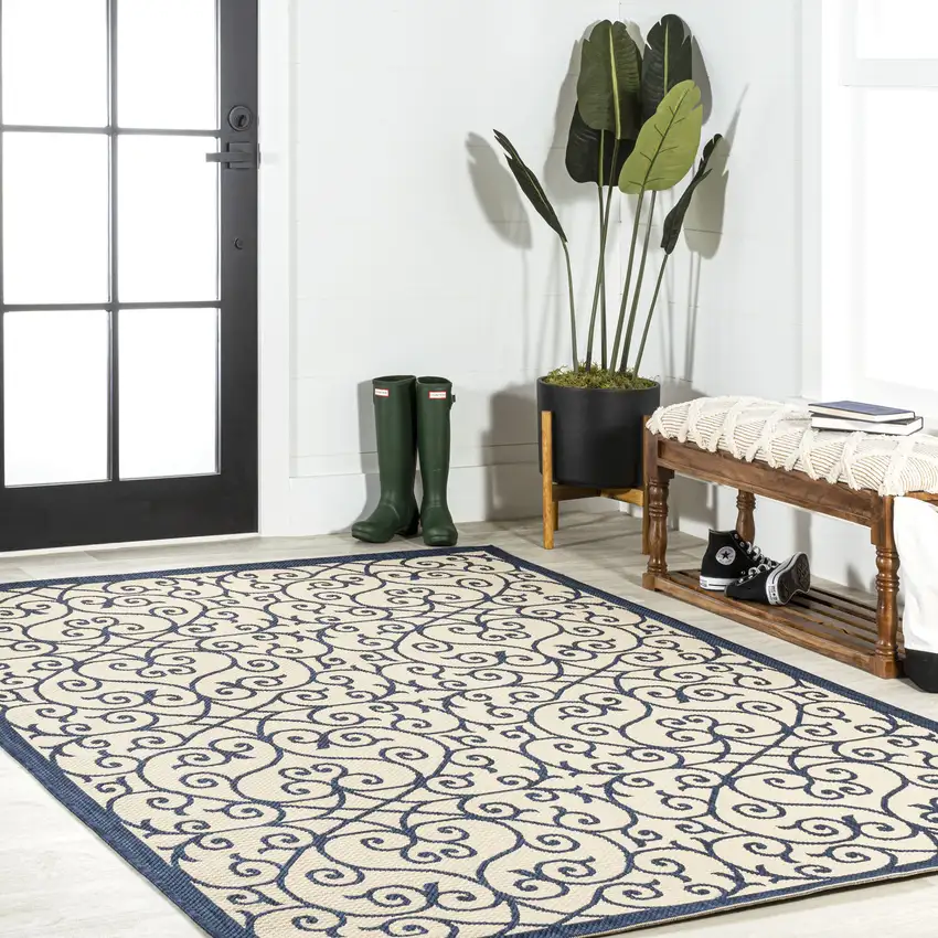 Navy Blue And Beige Geometric Indoor Outdoor Area Rug Photo 8