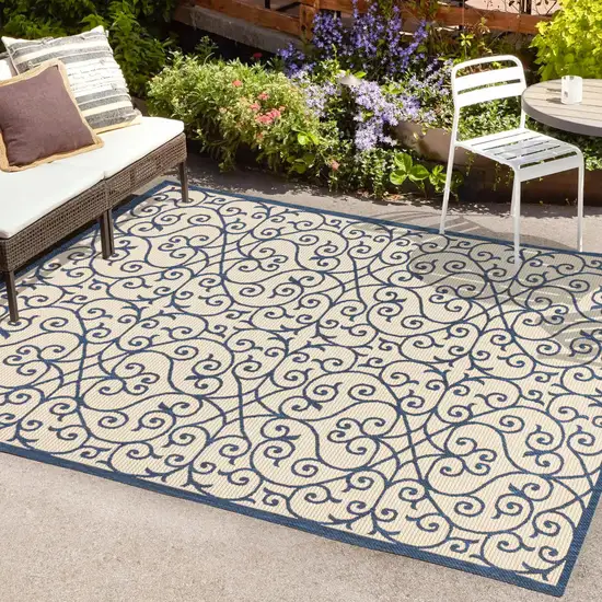 Navy Blue And Beige Geometric Indoor Outdoor Area Rug Photo 9