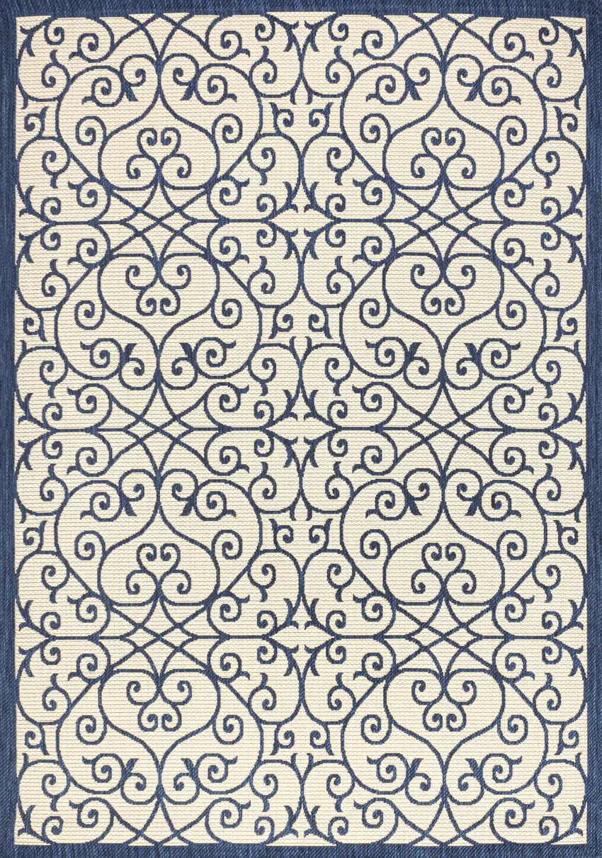 Navy Blue And Beige Geometric Indoor Outdoor Area Rug Photo 1