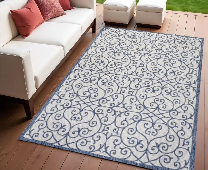 Navy Blue And Beige Geometric Indoor Outdoor Area Rug Photo 1