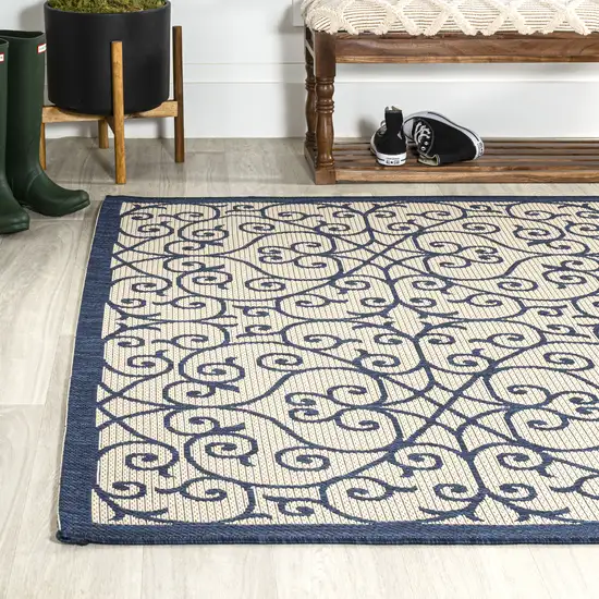 Navy Blue And Beige Geometric Indoor Outdoor Area Rug Photo 6