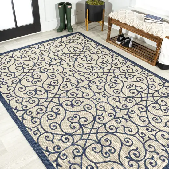 Navy Blue And Beige Geometric Indoor Outdoor Area Rug Photo 7