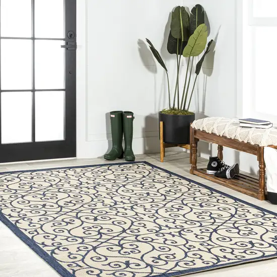 Navy Blue And Beige Geometric Indoor Outdoor Area Rug Photo 8