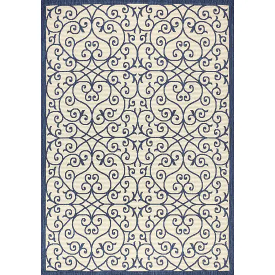 Navy Blue And Beige Geometric Indoor Outdoor Area Rug Photo 3