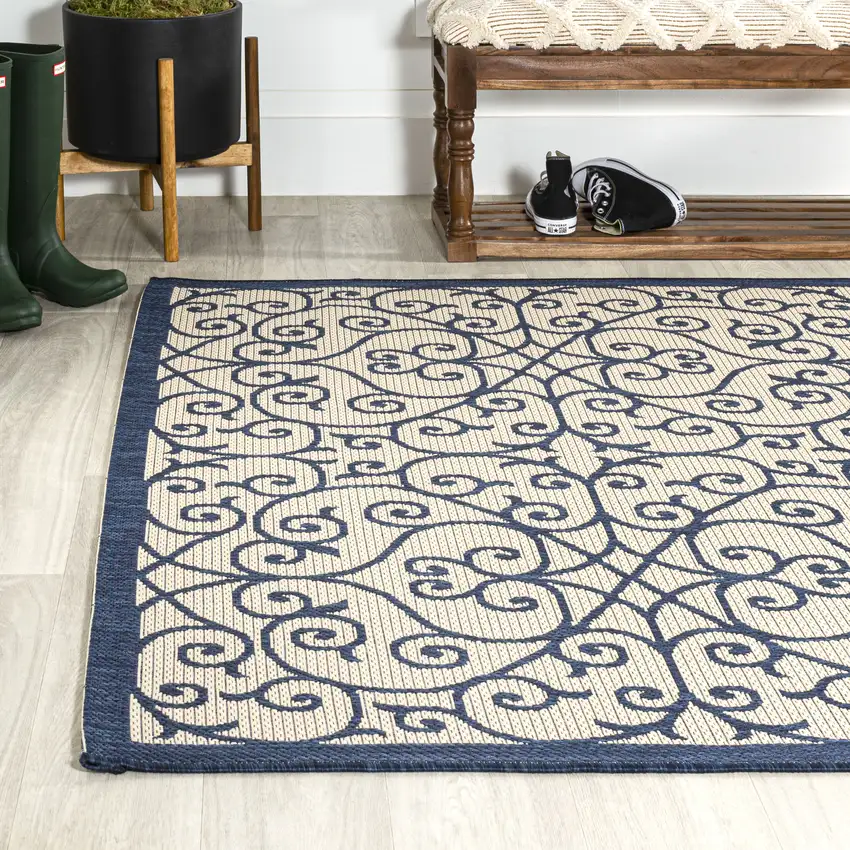 Navy Blue And Beige Geometric Indoor Outdoor Area Rug Photo 6
