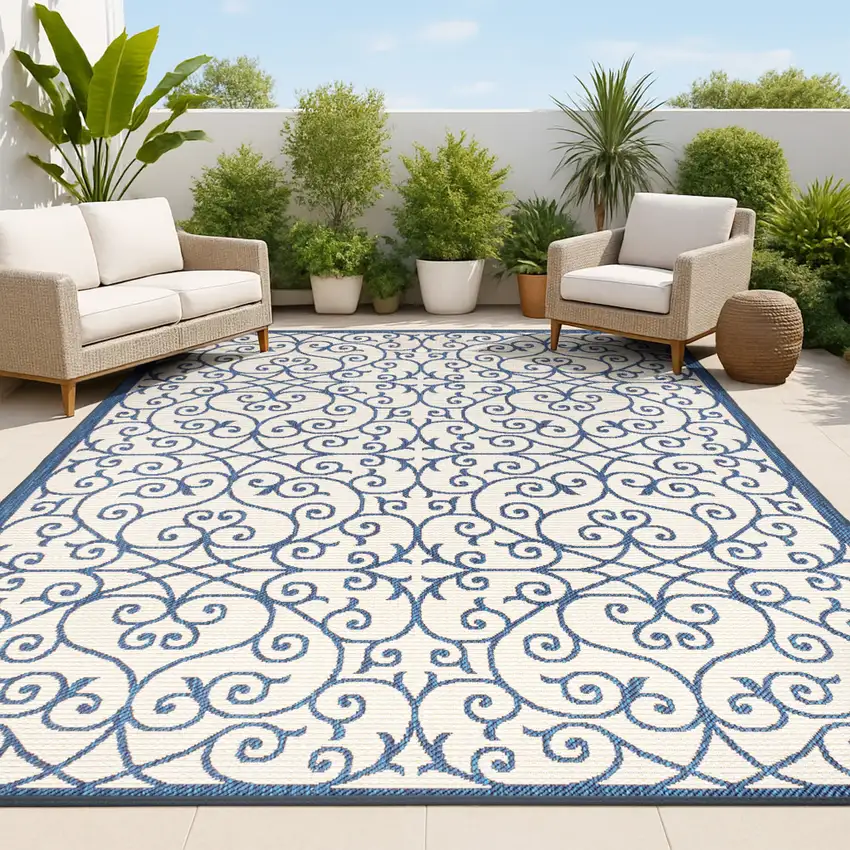 Navy Blue And Beige Geometric Indoor Outdoor Area Rug Photo 4