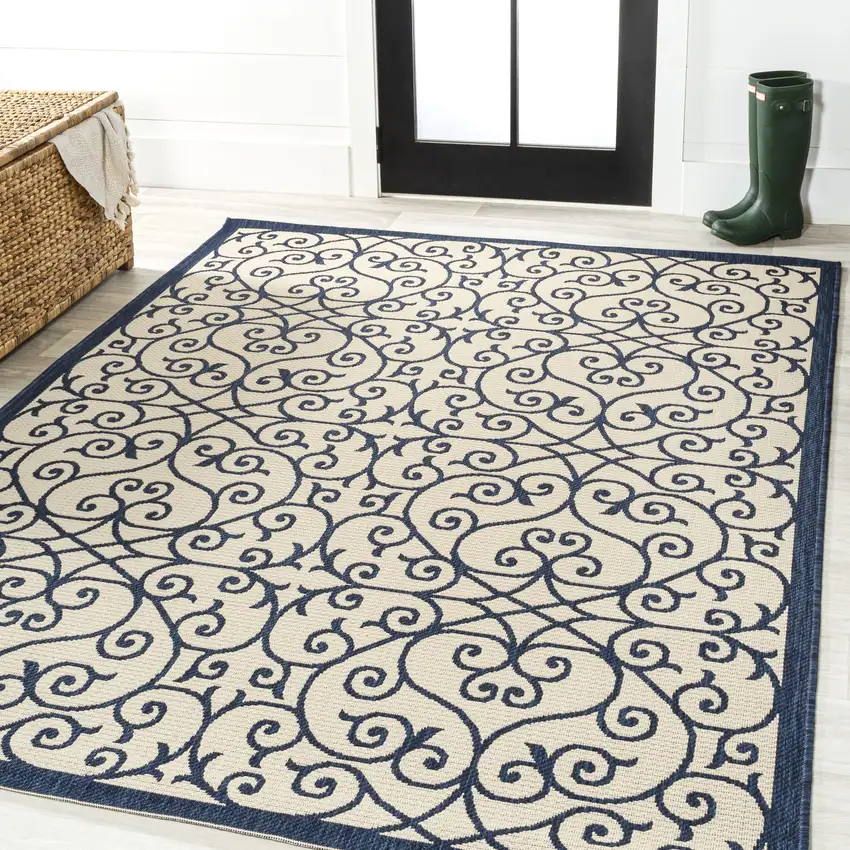 Navy Blue And Beige Geometric Indoor Outdoor Area Rug Photo 5