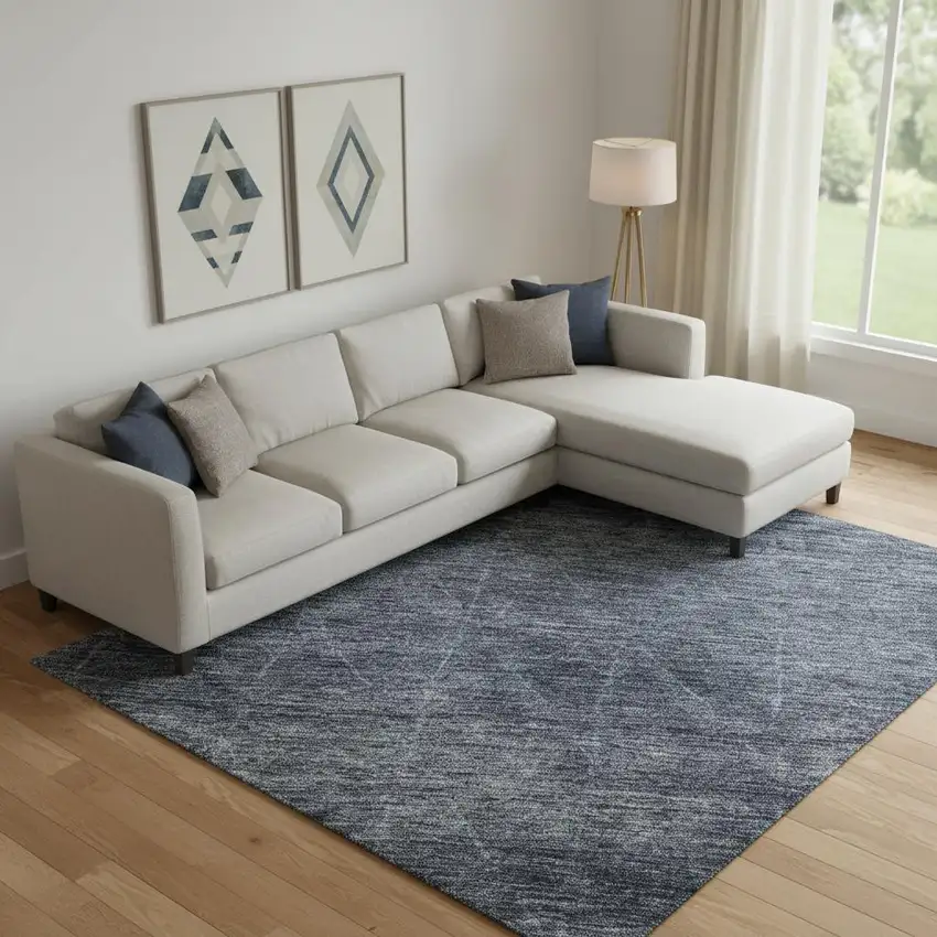 Navy Blue And Beige Geometric Washable Area Rug With UV Protection Photo 2