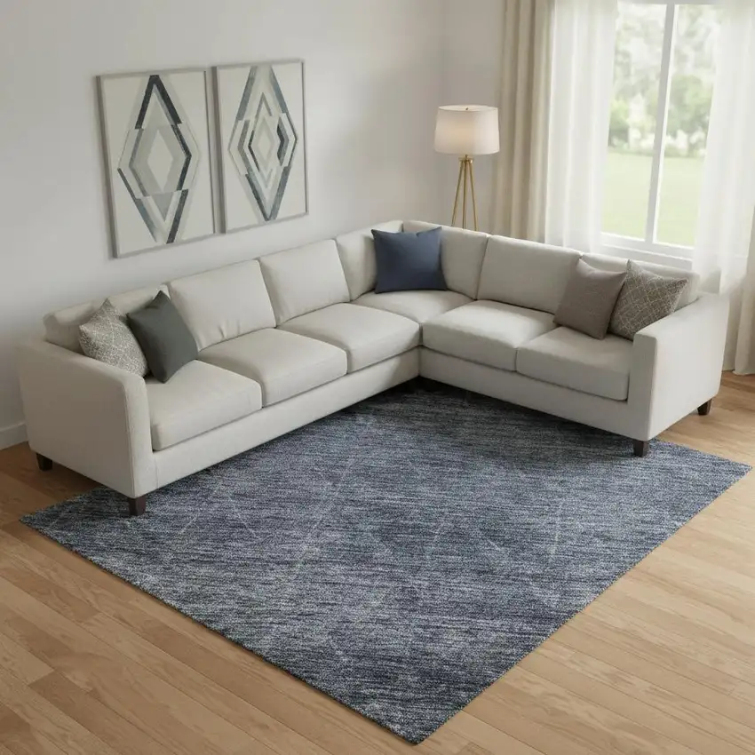 Navy Blue And Beige Geometric Washable Area Rug With UV Protection Photo 2