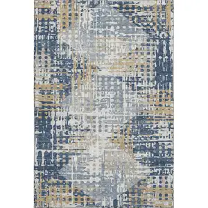 Photo of Navy Blue And Beige Geometric Washable Area Rug With UV Protection