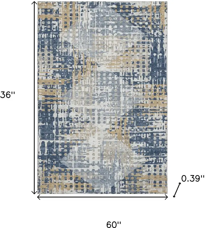 Navy Blue And Beige Geometric Washable Area Rug With UV Protection Photo 9