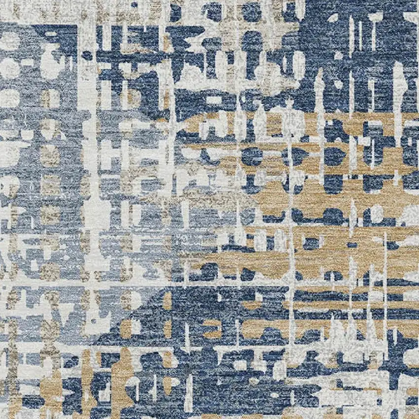 Navy Blue And Beige Geometric Washable Area Rug With UV Protection Photo 4
