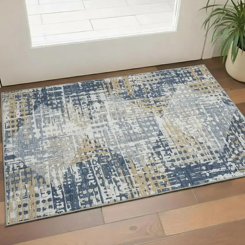 Navy Blue And Beige Geometric Washable Area Rug With UV Protection Photo 1