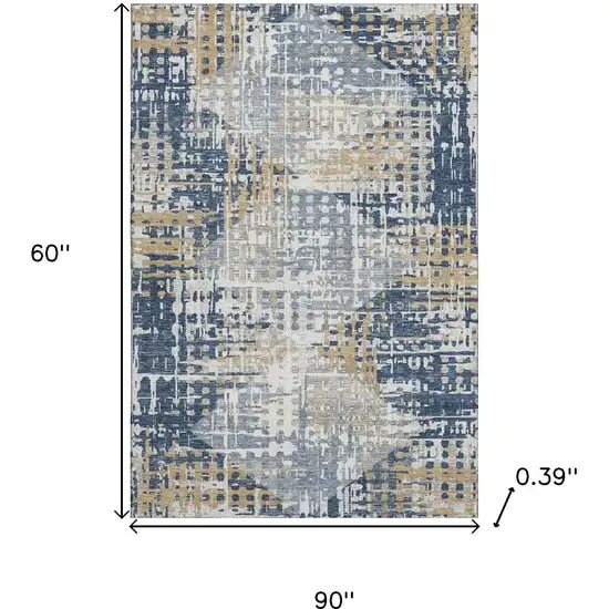 Navy Blue And Beige Geometric Washable Area Rug With UV Protection Photo 9