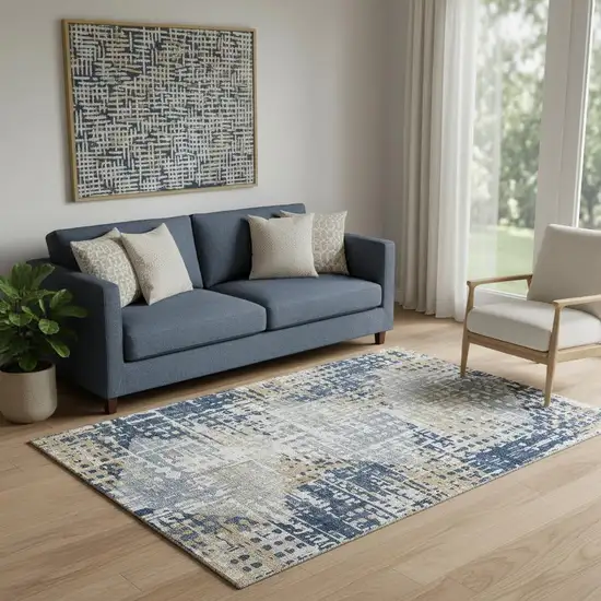 Navy Blue And Beige Geometric Washable Area Rug With UV Protection Photo 2