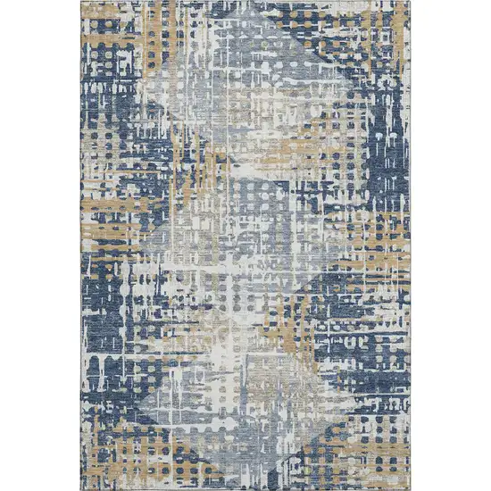 Navy Blue And Beige Geometric Washable Area Rug With UV Protection Photo 1