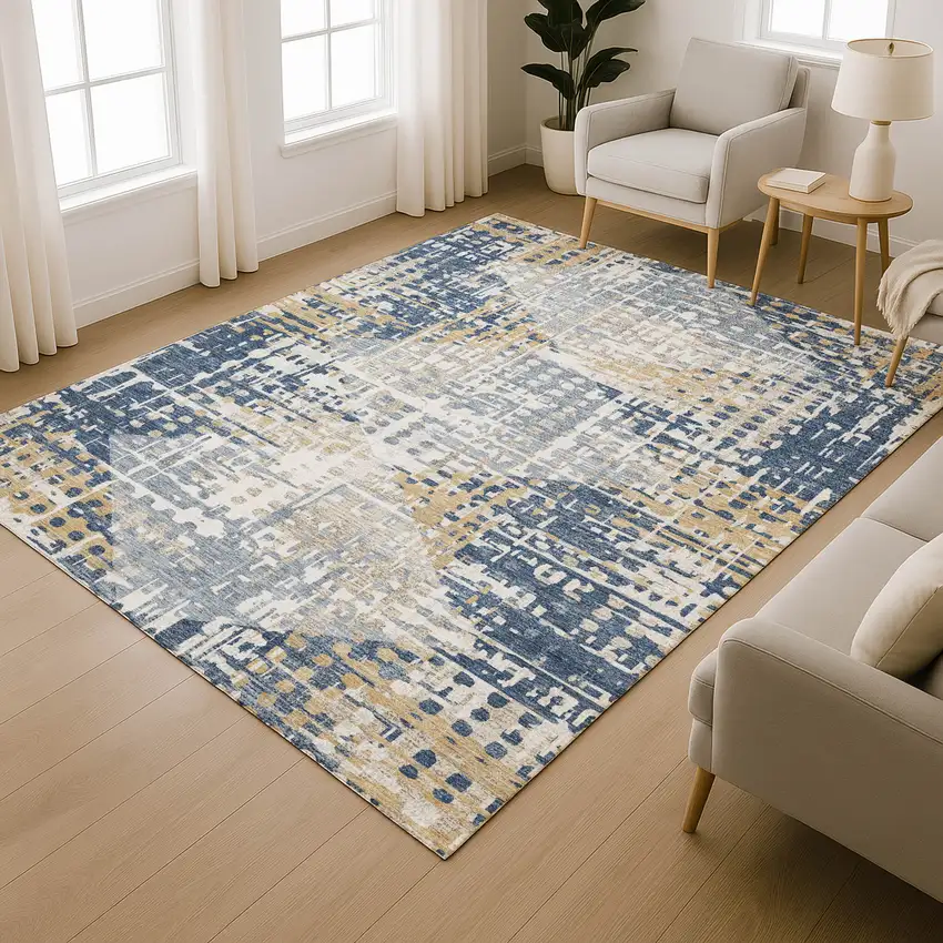 Navy Blue And Beige Geometric Washable Area Rug With UV Protection Photo 6