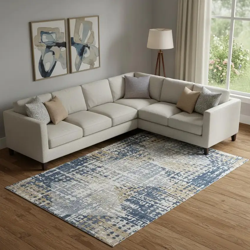 Navy Blue And Beige Geometric Washable Area Rug With UV Protection Photo 2