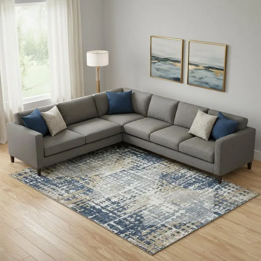 Navy Blue And Beige Geometric Washable Area Rug With UV Protection Photo 2