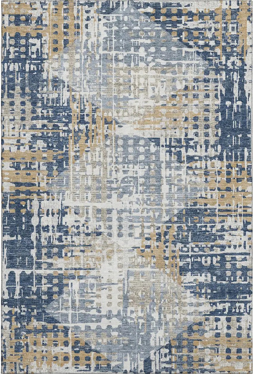 Navy Blue And Beige Geometric Washable Area Rug With UV Protection Photo 1