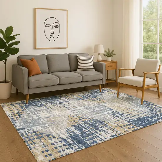 Navy Blue And Beige Geometric Washable Area Rug With UV Protection Photo 5