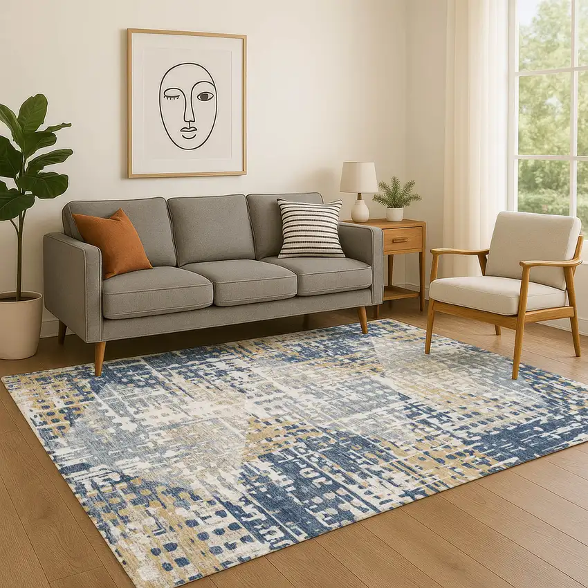 Navy Blue And Beige Geometric Washable Area Rug With UV Protection Photo 5