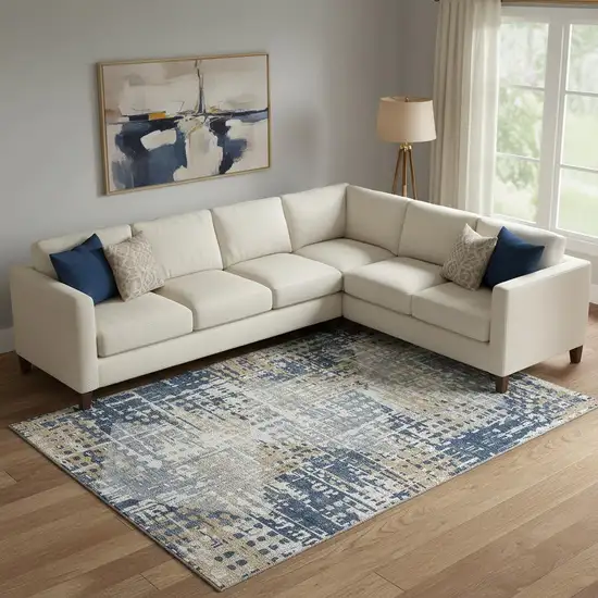 Navy Blue And Beige Geometric Washable Area Rug With UV Protection Photo 2